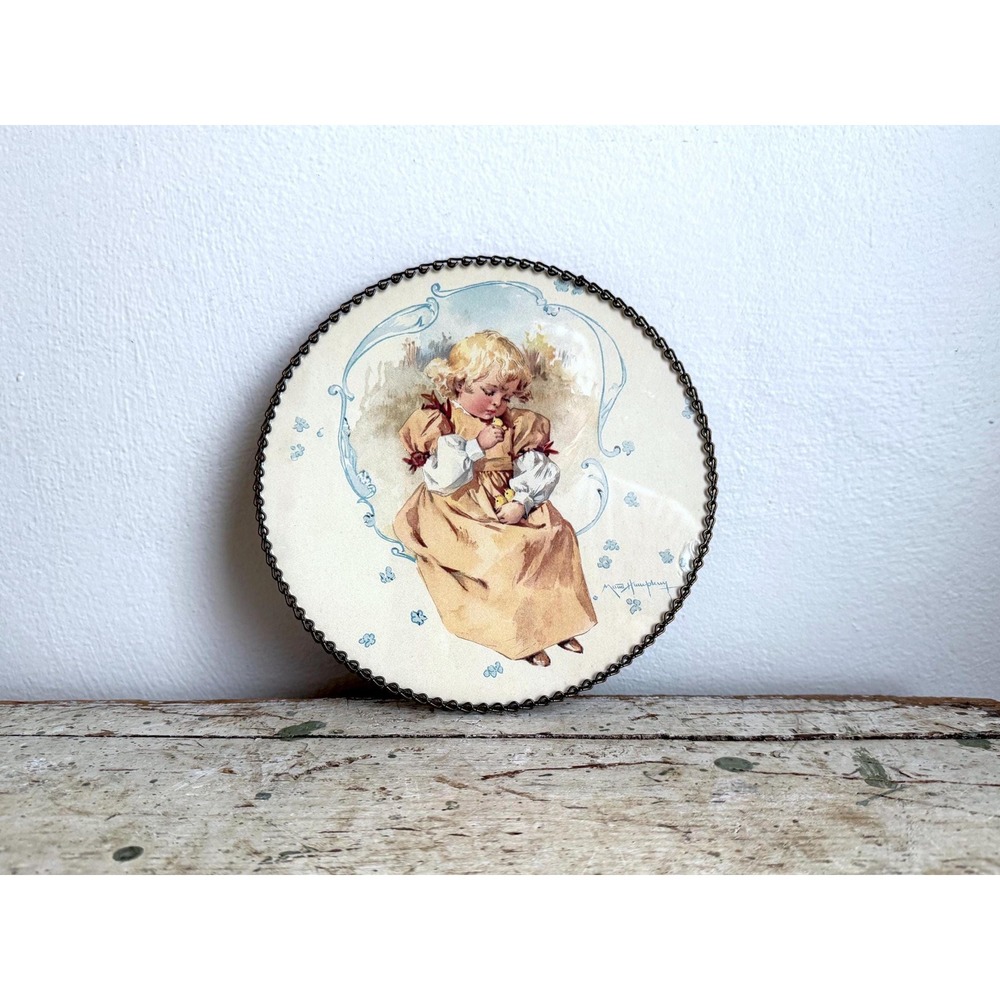 Antique Flue Cover Wall Hanging‎ Stove Pipe Art Girl Yellow Dress Baby Chicks